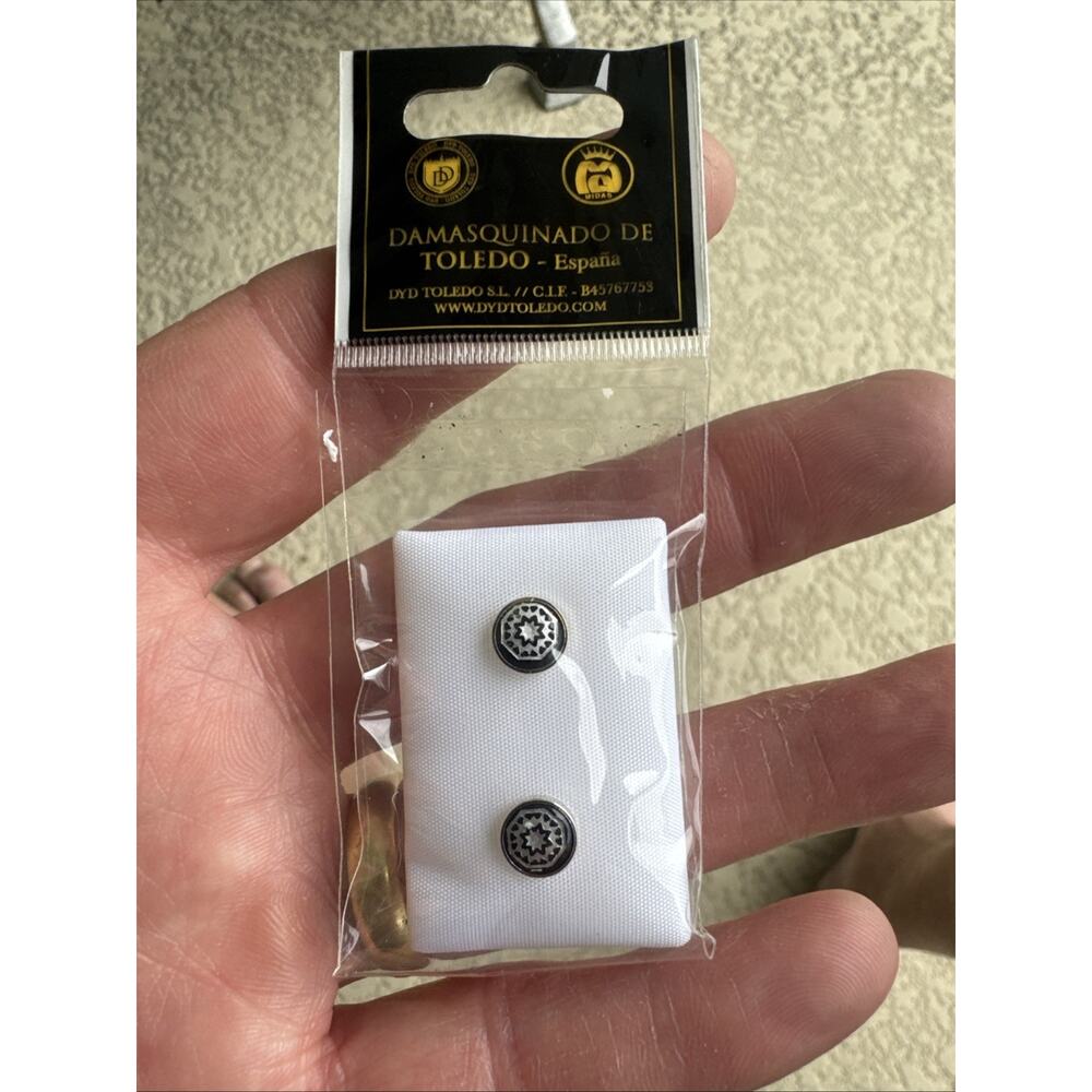 NWT Vintage Damasquinado Toledo Spain Earrings Silvertons Button Posts